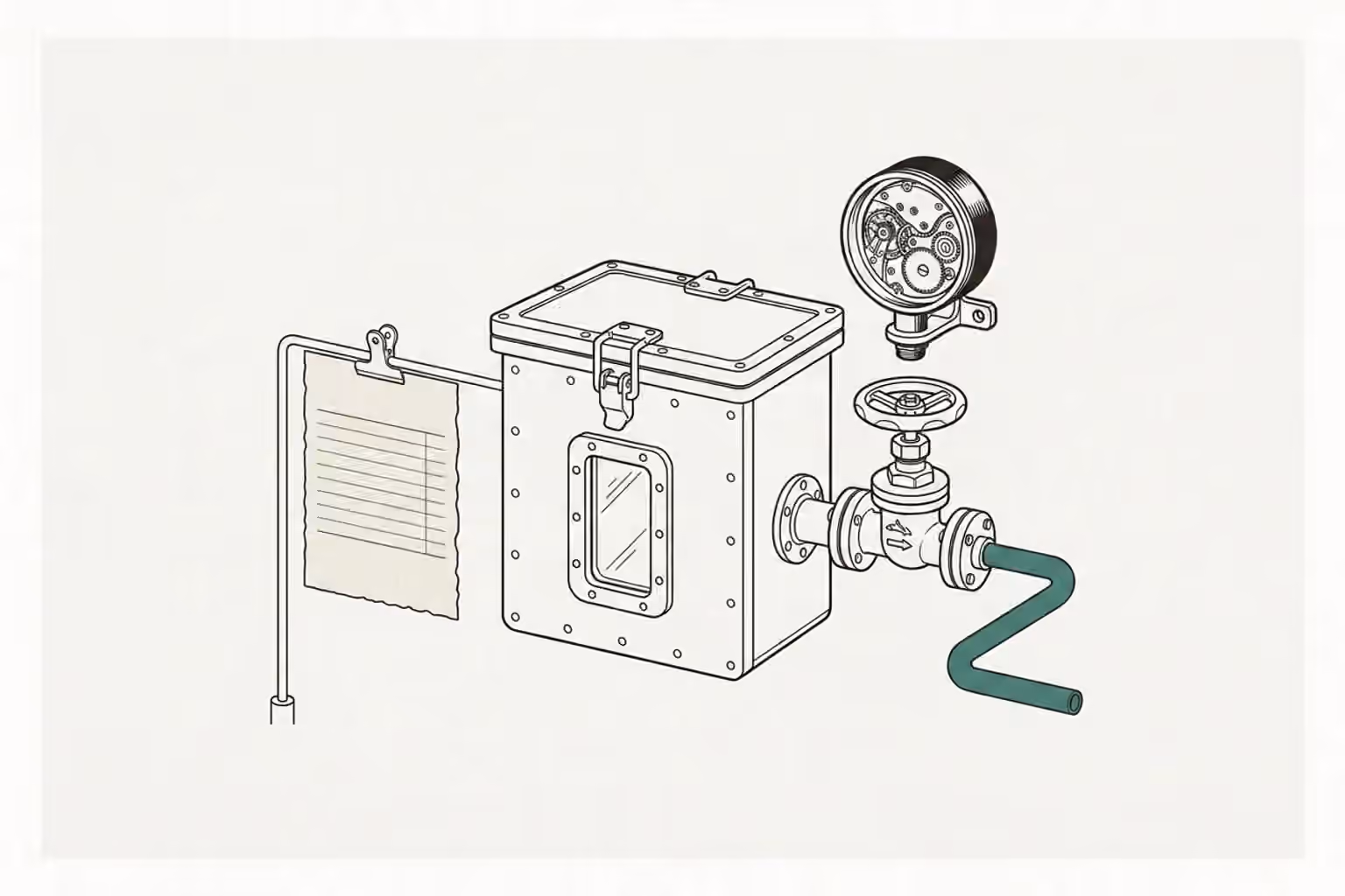 A sealed test box with an open network valve, an unused paper scope card hanging beside the box, and a dark watch instrument sitting above the valve on a warm paper field.