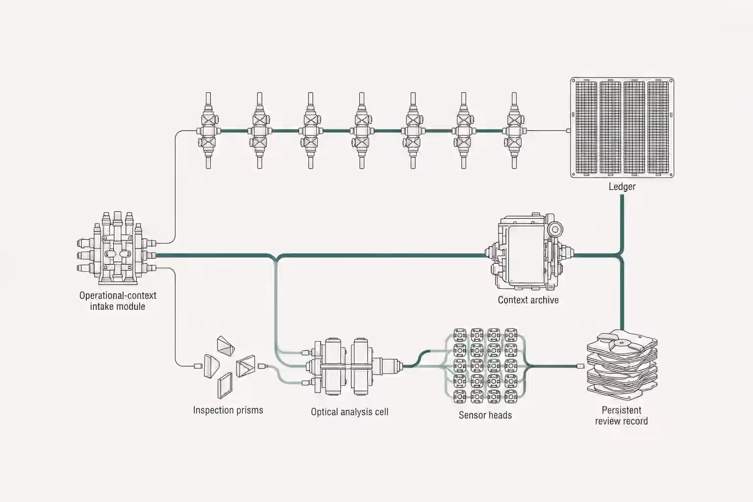 One operational context module splits into a fixed row of gates and an adaptive set of instruments, each connected to a record.