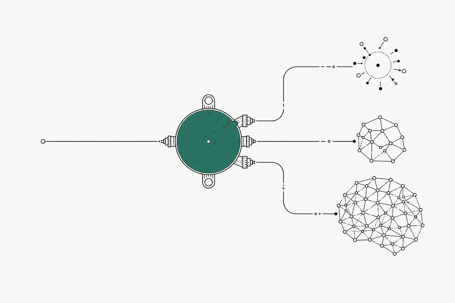A query trace enters a compact verdigris routing dial, which selects one of three near-black model paths.