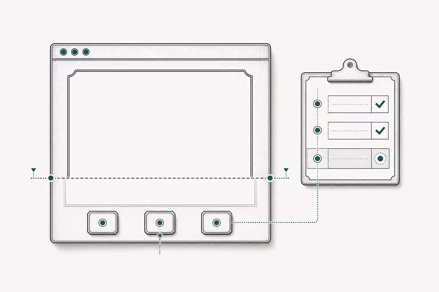 A desktop window places three controls below a marked fold while a test record beside it shows green checks.