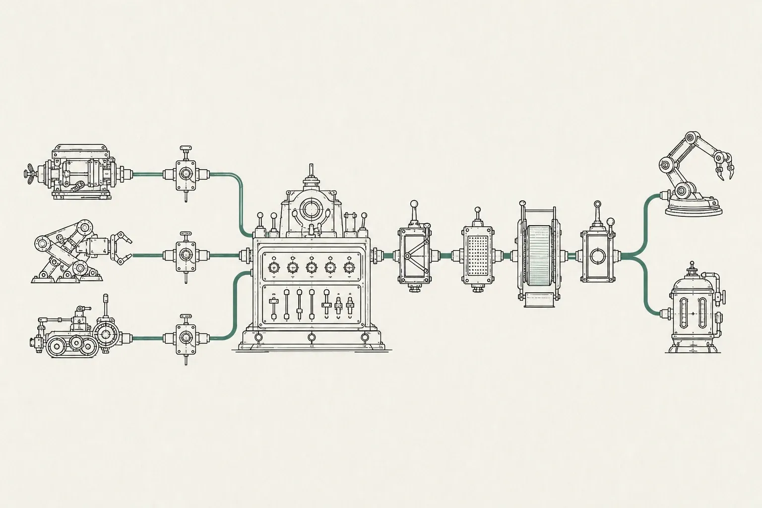 Three mechanical agent modules feed into a central governance console, then pass through policy gates and a ledger before reaching two tool mechanisms.