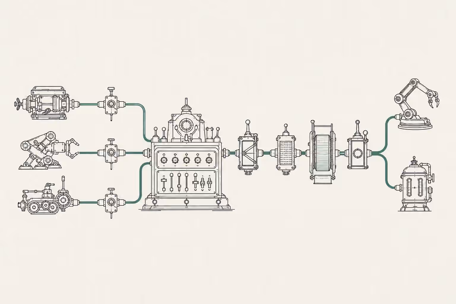 Three mechanical agent modules feed into a central governance console, then pass through policy gates and a ledger before reaching two tool mechanisms.