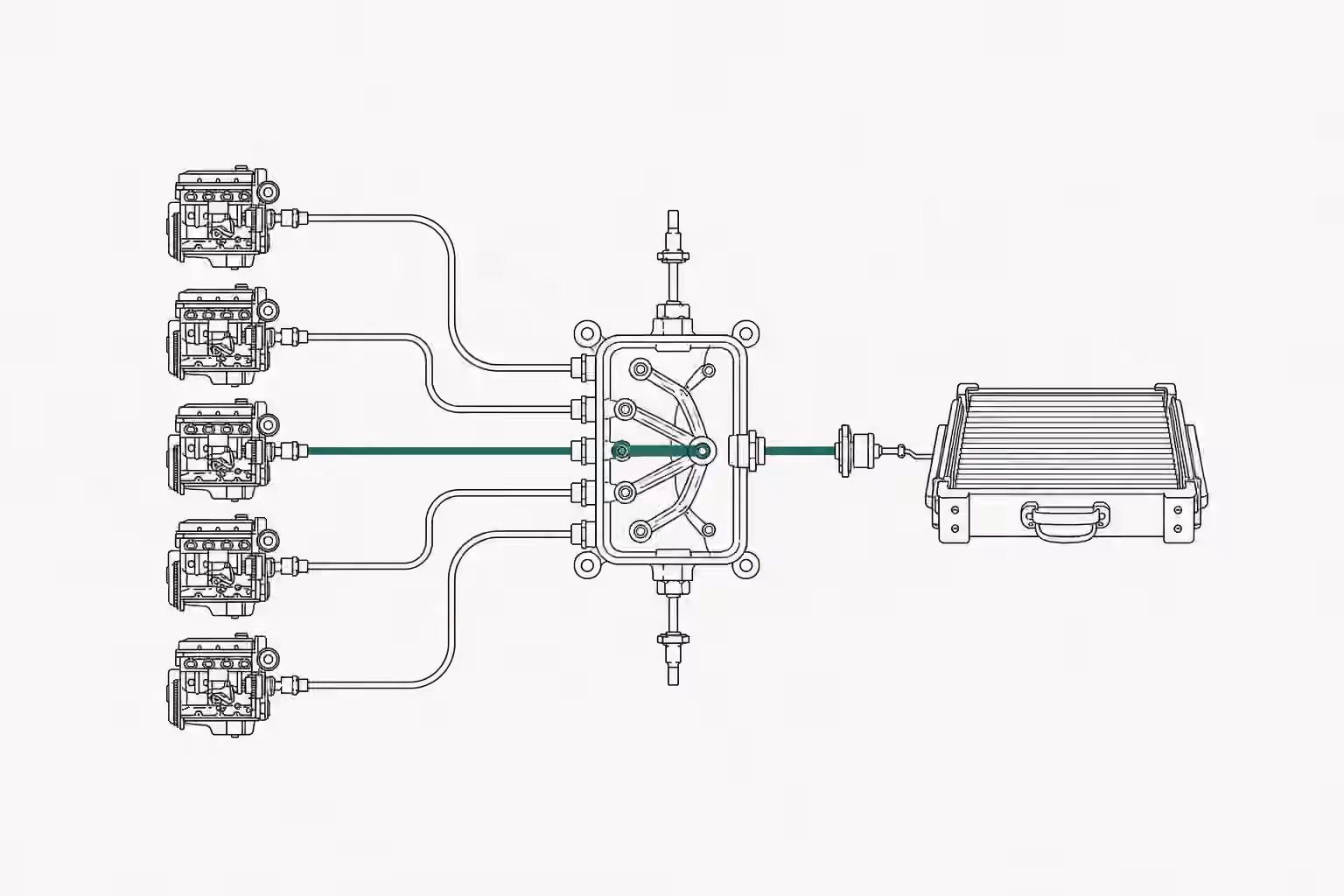 Five model mechanisms feed a central routing switch, with one recorded path continuing into a ledger tray.