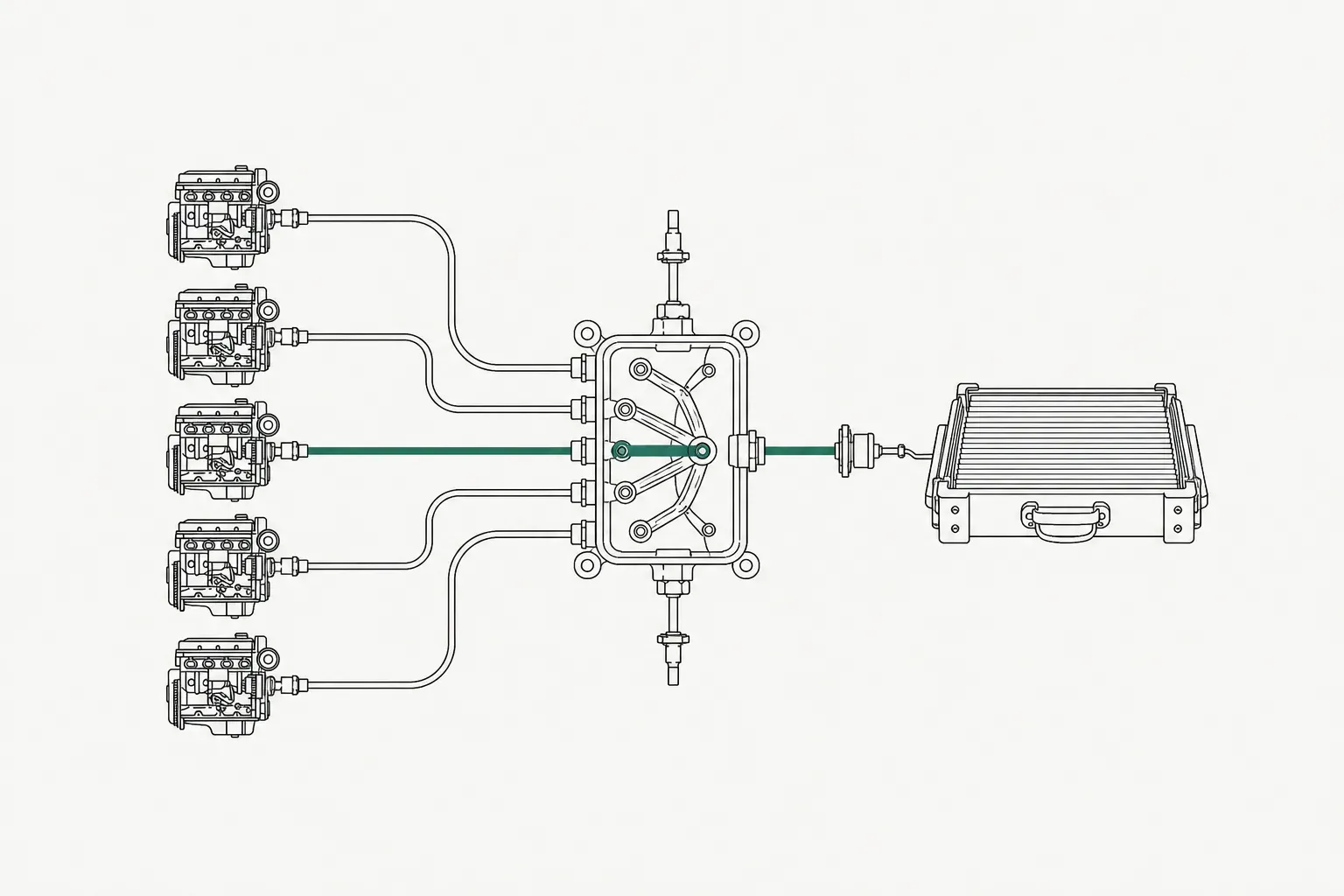 Five model mechanisms feed a central routing switch, with one recorded path continuing into a ledger tray.