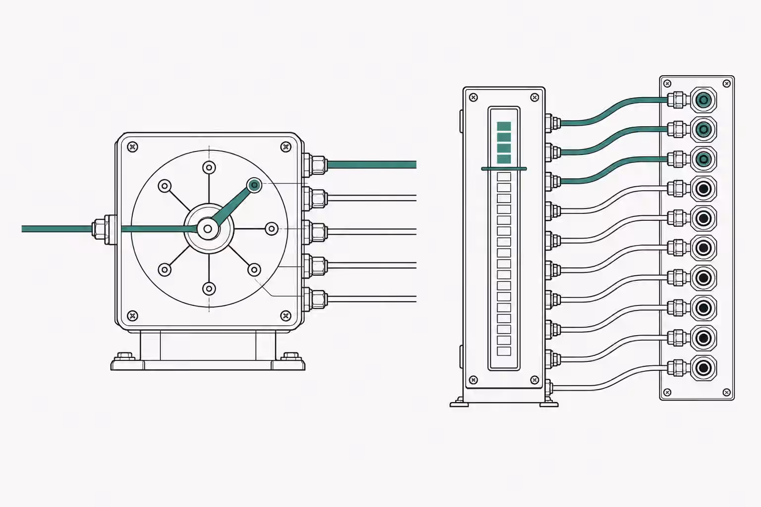A rotary switch sends one verdigris input to a single output, and beside it a bar gauge with a threshold line connects only three of many sockets in verdigris.