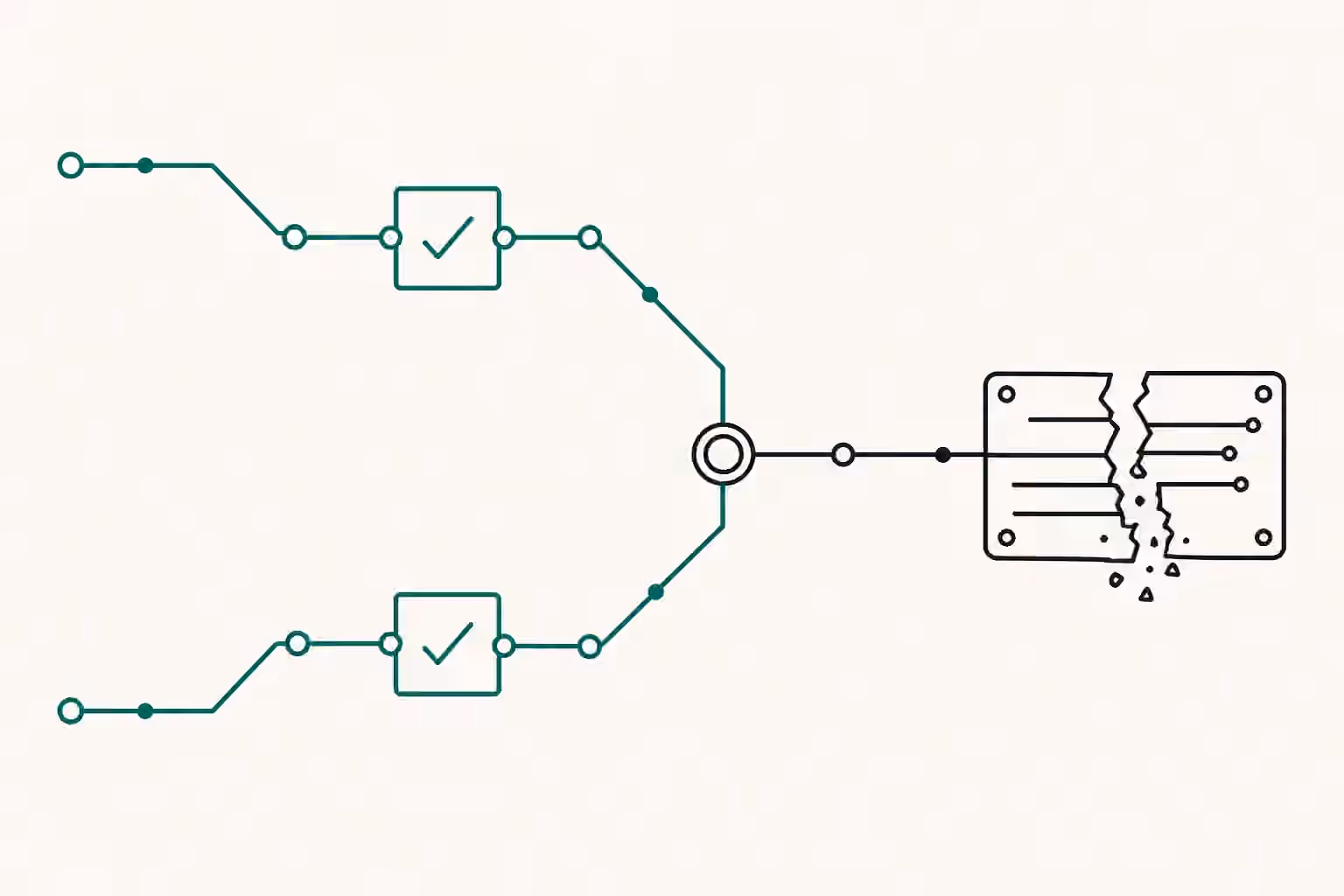 Two verdigris branch traces pass separate check gates, converge at a merge junction, and end at a split record plate.