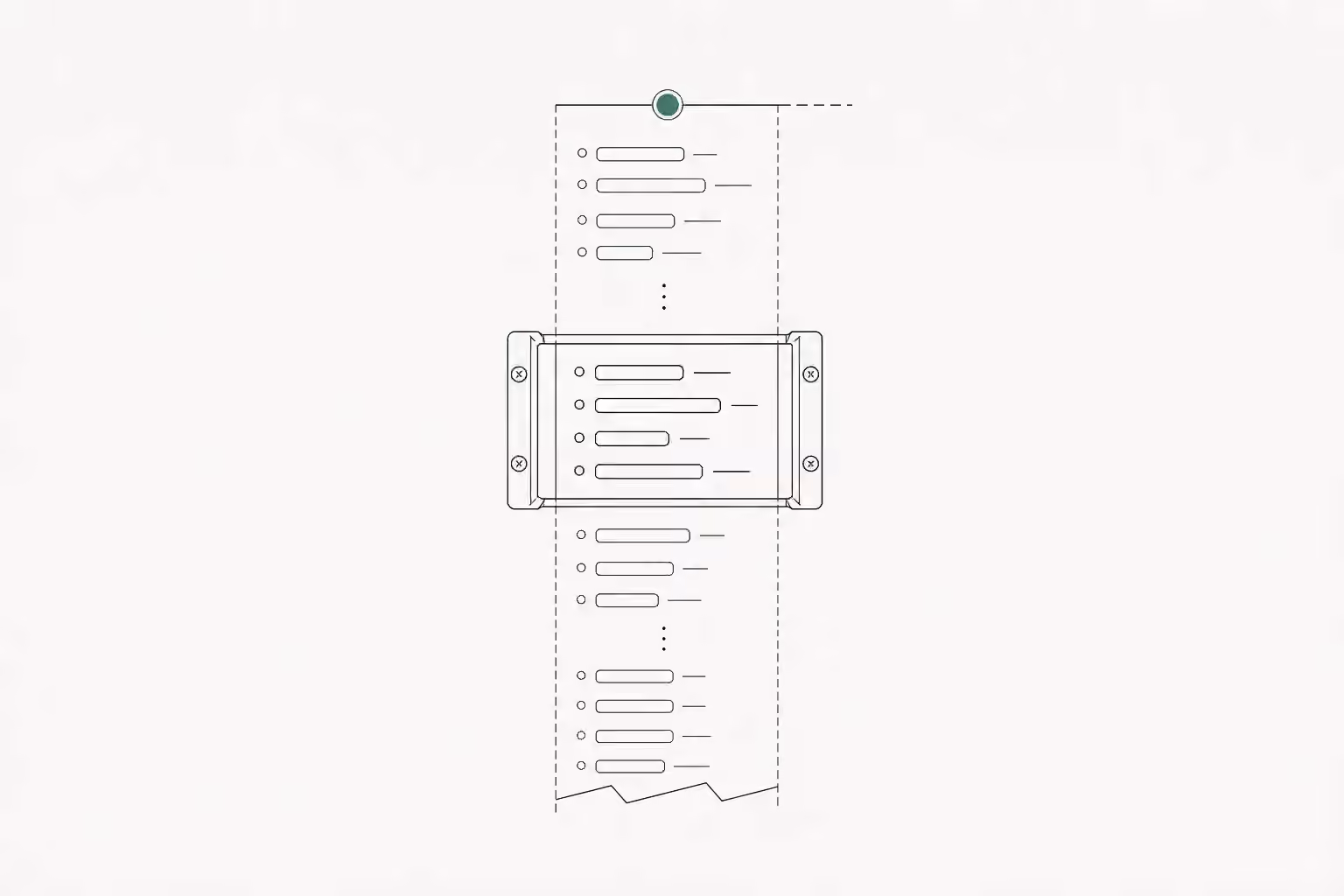 A narrow message window crosses a longer conversation trace, with a verdigris pin marking the newest edge.