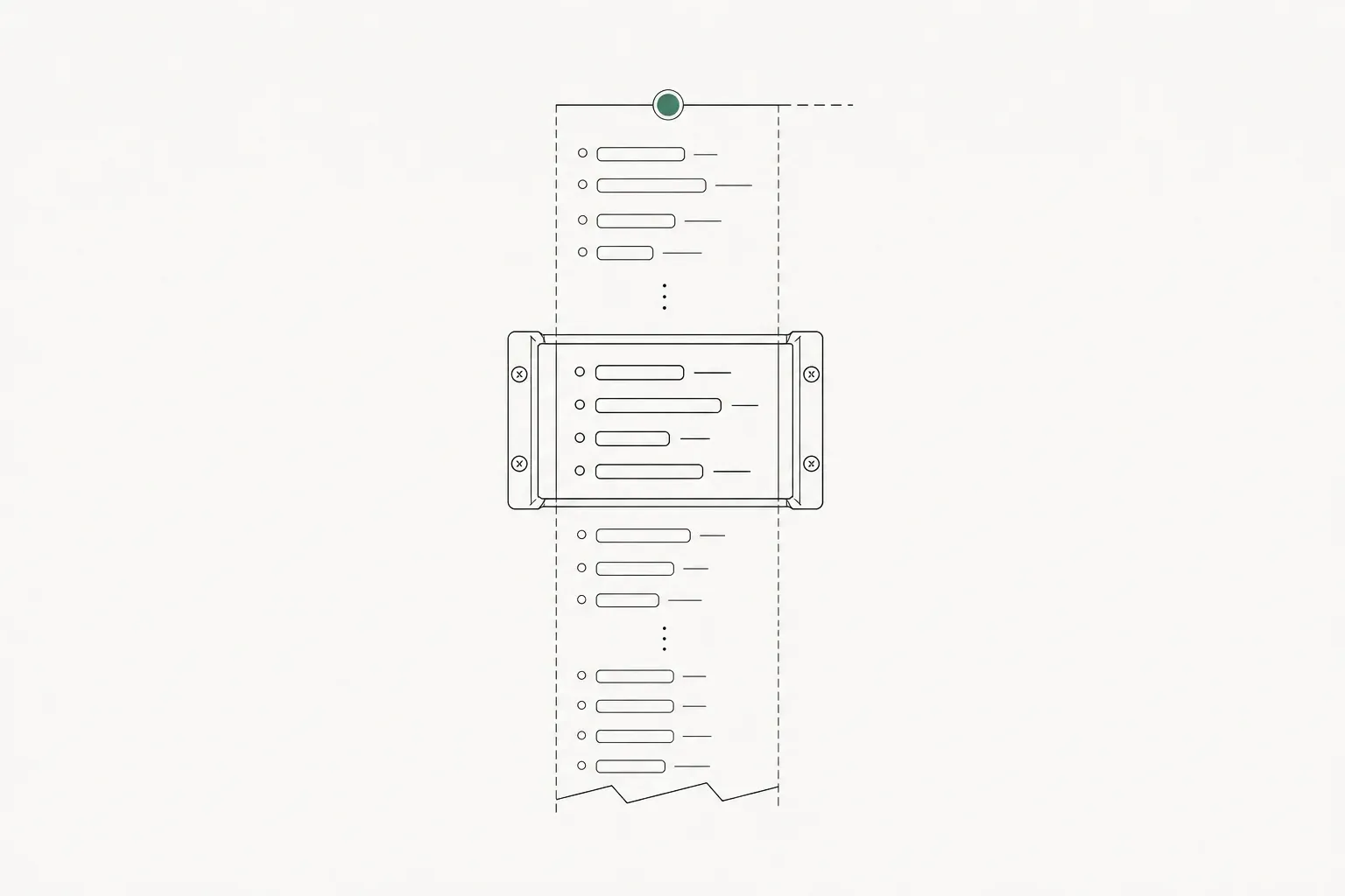 A narrow message window crosses a longer conversation trace, with a verdigris pin marking the newest edge.